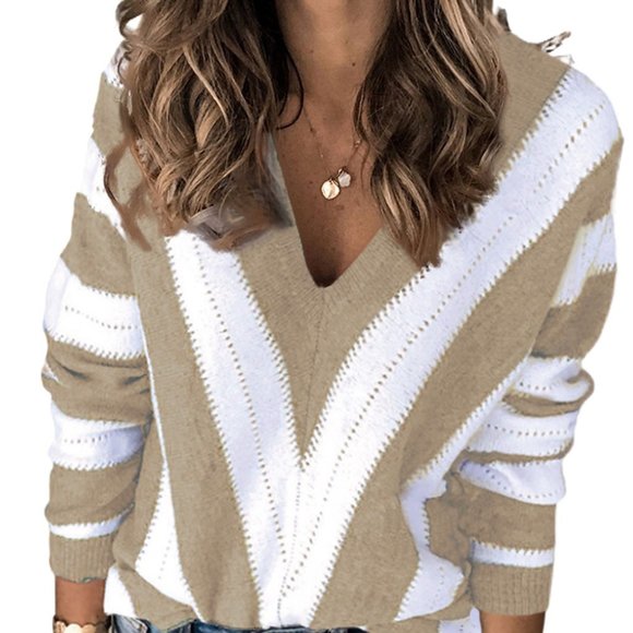 KHAKI STRIPED COLORBLOCK V NECK KNITTED SWEATER - Picture 3 of 4